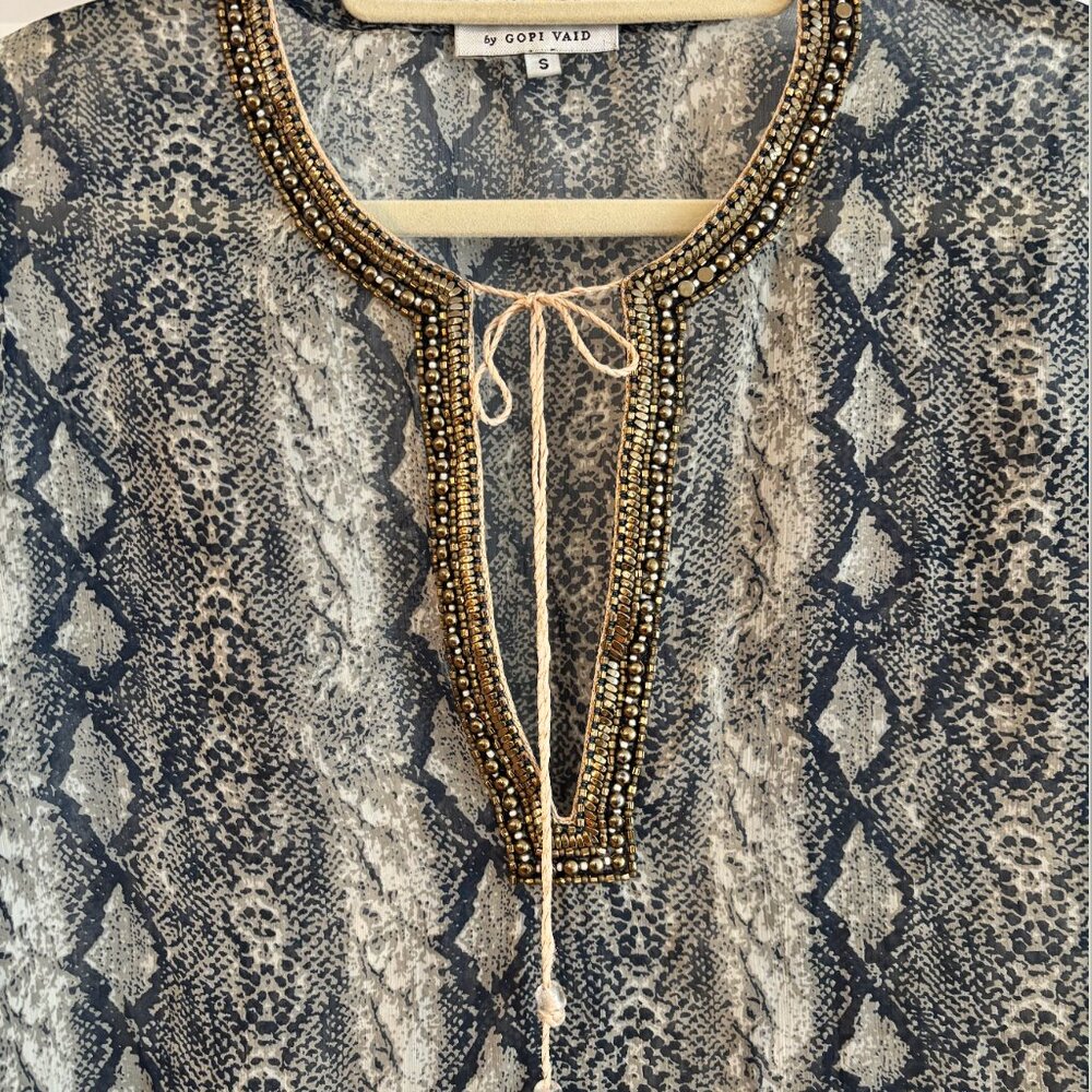 Snakeskin print Bella Tu by Gopi Vaid Sheer Beaded Tunic Top Small
